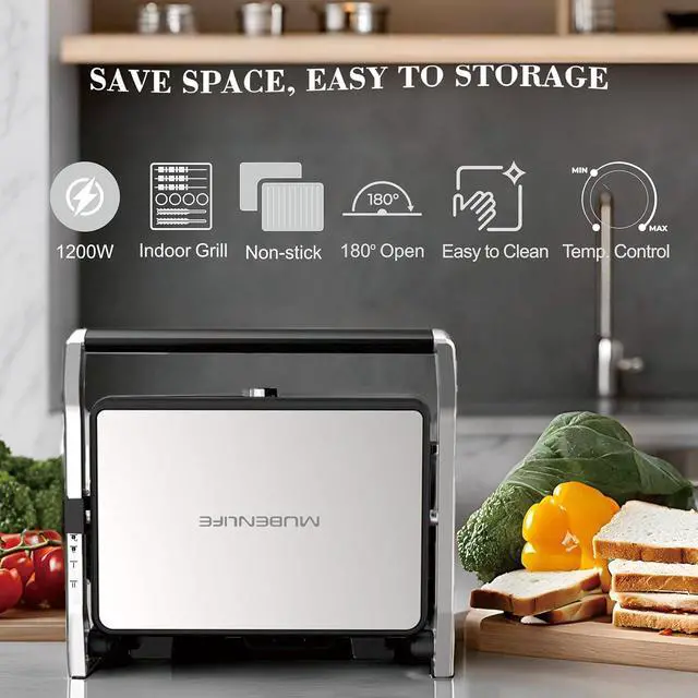 Alt view image 6 of 6 - Panini Press, Electric Sandwich Press Grill, Open 180 Degrees, Electric Grill Indoor, Perfect for Grilling Sandwich, Steak, Burger, Adjustable Temperature Control, Non Stick Coating