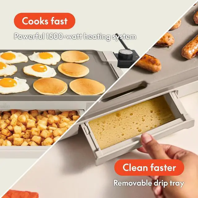Alt view image 5 of 7 - bella 10" x 20" Electric Griddle with Warming Tray, EverGood Ceramic Nonstick Coating & Removable Temperature Probe, Dishwasher-Safe Drip Tray & Cool Touch Handles, 1500 Watt, Oatmilk