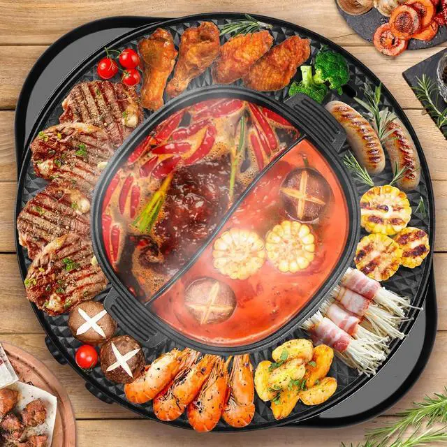 Main image of 2 in 1 Hot Pot with Grill, Electric Korean BBQ Grill, Independent Dual Temperature Control & Non-stick Pan, Multi-function Smokeless Barbecue Grill for Family and Friends Gathering