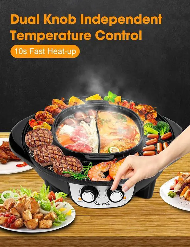 Alt view image 2 of 7 - 2 in 1 Hot Pot with Grill, Electric Korean BBQ Grill, Independent Dual Temperature Control & Non-stick Pan, Multi-function Smokeless Barbecue Grill for Family and Friends Gathering