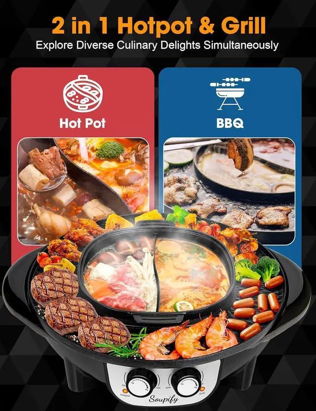 Alt view image 3 of 7 - 2 in 1 Hot Pot with Grill, Electric Korean BBQ Grill, Independent Dual Temperature Control & Non-stick Pan, Multi-function Smokeless Barbecue Grill for Family and Friends Gathering