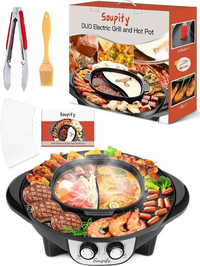 Alt view image 5 of 7 - 2 in 1 Hot Pot with Grill, Electric Korean BBQ Grill, Independent Dual Temperature Control & Non-stick Pan, Multi-function Smokeless Barbecue Grill for Family and Friends Gathering