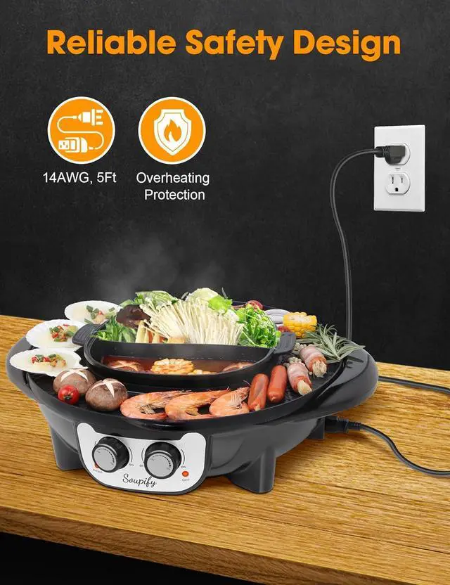 Alt view image 6 of 7 - 2 in 1 Hot Pot with Grill, Electric Korean BBQ Grill, Independent Dual Temperature Control & Non-stick Pan, Multi-function Smokeless Barbecue Grill for Family and Friends Gathering