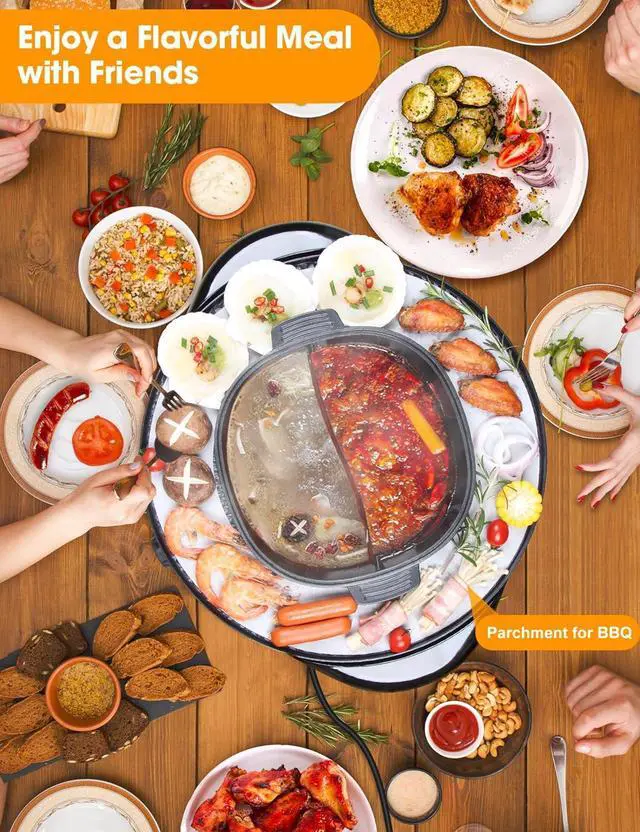 Alt view image 7 of 7 - 2 in 1 Hot Pot with Grill, Electric Korean BBQ Grill, Independent Dual Temperature Control & Non-stick Pan, Multi-function Smokeless Barbecue Grill for Family and Friends Gathering