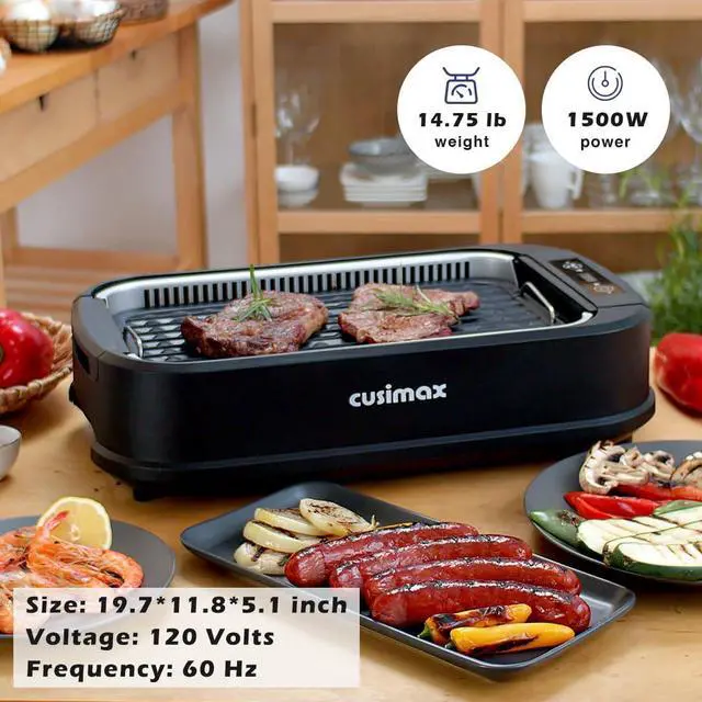 Alt view image 7 of 7 - Smokeless Grill Indoor, CUSIMAX Electric Grill, 1500W Portable Korean BBQ Grill with LED Smart Display & Tempered Glass Lid, Non-stick Removable Plate, Dishwasher Safe, Black