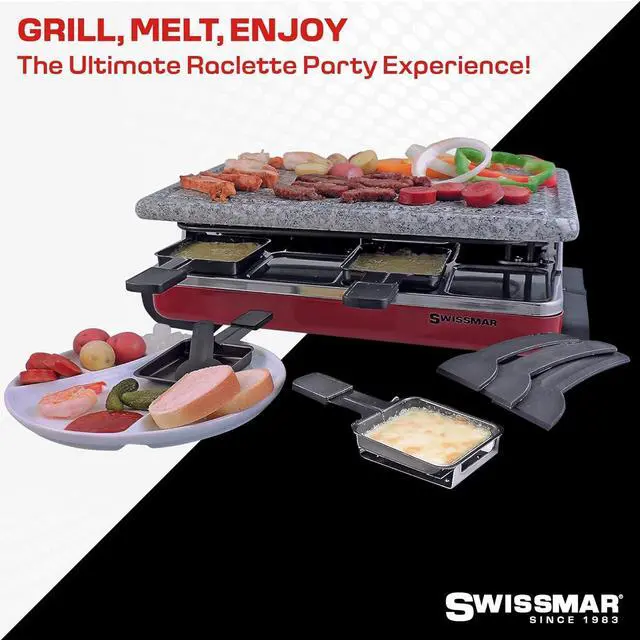 Alt view image 2 of 6 - Swissmar Classic 8-Person Raclette Party Grill - Indoor Electric Grill & Griller with Granite Stone Grill Plate - Red