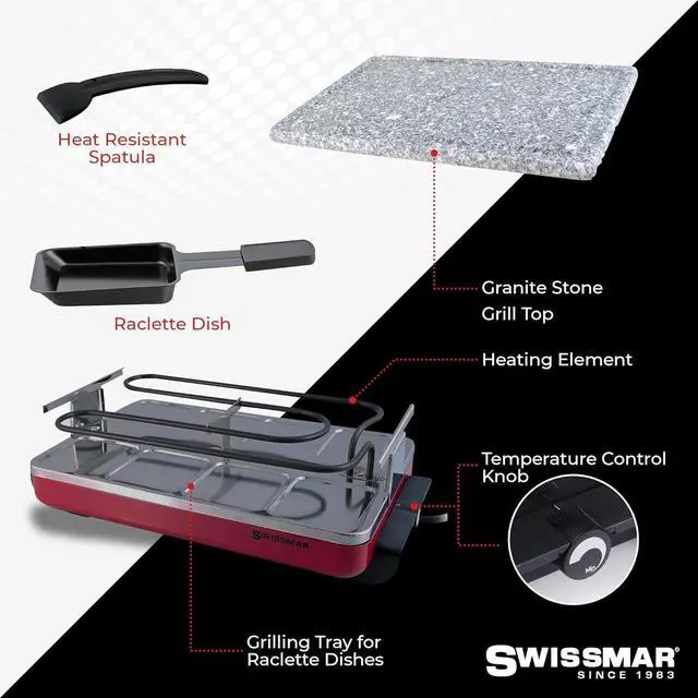 Alt view image 3 of 6 - Swissmar Classic 8-Person Raclette Party Grill - Indoor Electric Grill & Griller with Granite Stone Grill Plate - Red