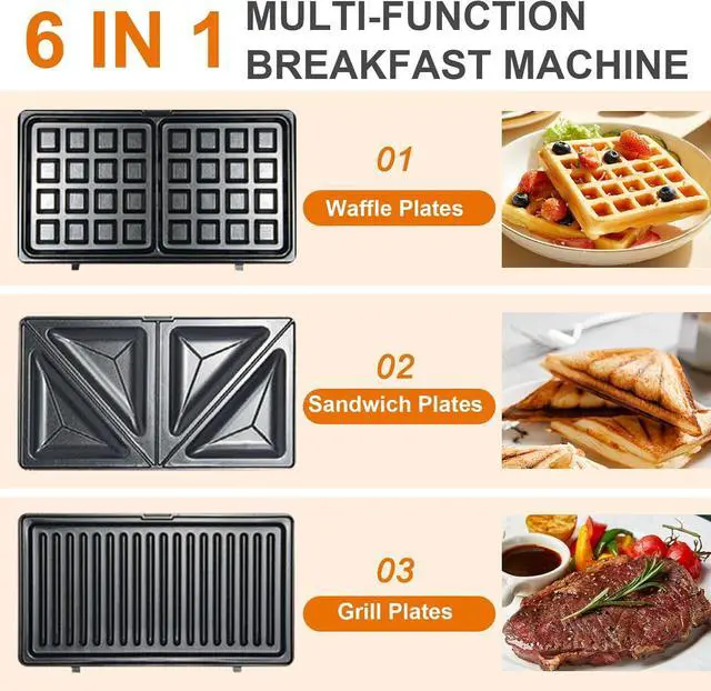 Alt view image 4 of 7 - 6 in 1 Waffle Iron Set, Panini Press Grill and Electric Sandwich Maker with Removable Non-Stick Plate, Ideal for Cooking Grilled Cheese, Tuna Melts, Burgers