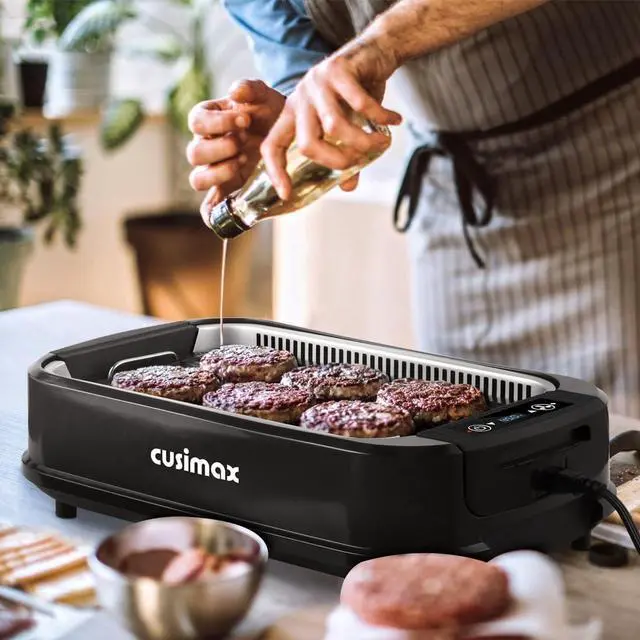 Alt view image 2 of 7 - Smokeless Grill Indoor, CUSIMAX Electric Grill, 1500W Portable Korean BBQ Grill with LED Smart Display & Tempered Glass Lid, Non-stick Removable Plate, Dishwasher Safe, Black