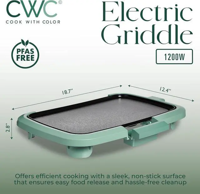 Alt view image 2 of 6 - COOK WITH COLOR Electric Griddle 1200W, Nonstick Surface for Pancakes, Burgers, Eggs & More, Removable Temperature Control, Slide-Out Drip Tray, 10" x 16" Cooking Area, Dark Sage