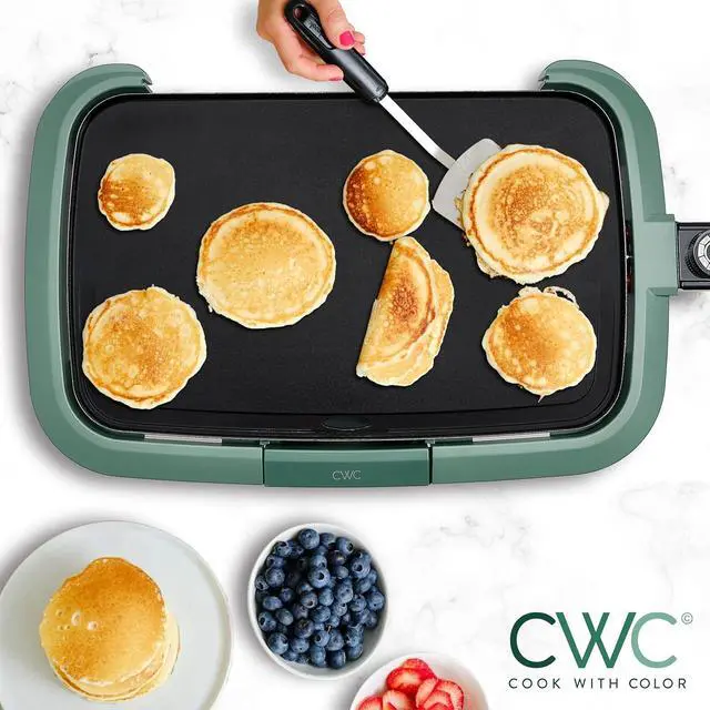 Alt view image 3 of 6 - COOK WITH COLOR Electric Griddle 1200W, Nonstick Surface for Pancakes, Burgers, Eggs & More, Removable Temperature Control, Slide-Out Drip Tray, 10" x 16" Cooking Area, Dark Sage