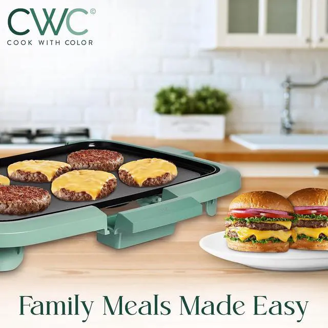 Alt view image 6 of 6 - COOK WITH COLOR Electric Griddle 1200W, Nonstick Surface for Pancakes, Burgers, Eggs & More, Removable Temperature Control, Slide-Out Drip Tray, 10" x 16" Cooking Area, Dark Sage