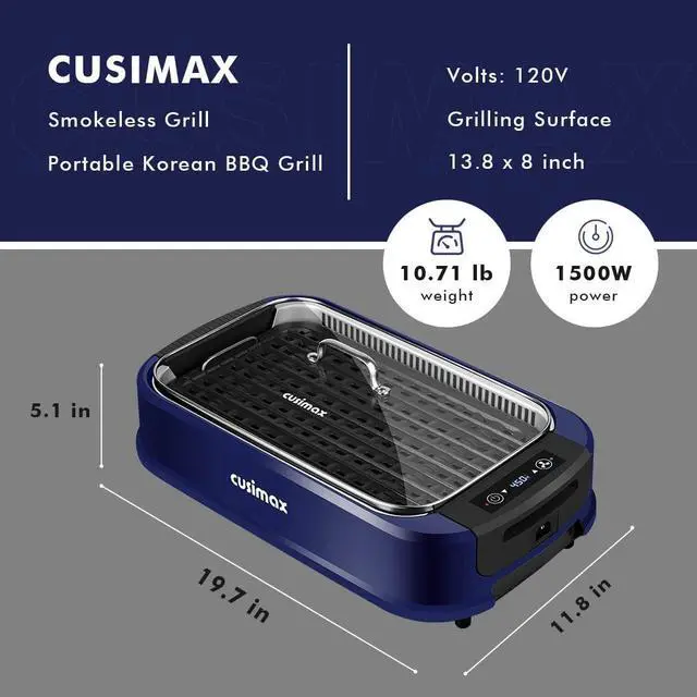 Alt view image 6 of 7 - Indoor Grill CUSIMAX Electric Smokeless Grill Portable Korean BBQ Grill with Turbo Smoke Extractor Technology, Non-stick Removable Plate, Tempered Glass Lid, Great for Party(Single Plate)
