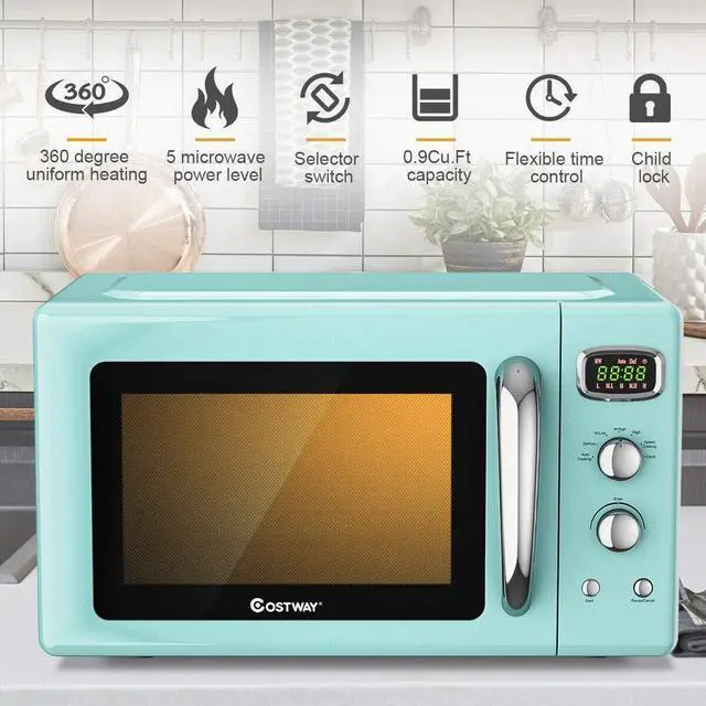 Alt view image 2 of 7 - COSTWAY Retro Countertop Microwave Oven, 0.9Cu.ft, 900W Microwave Oven, with 5 Micro Power, Defrost & Auto Cooking Function, LED Display, Glass Turntable and Viewing Window, Child Lock
