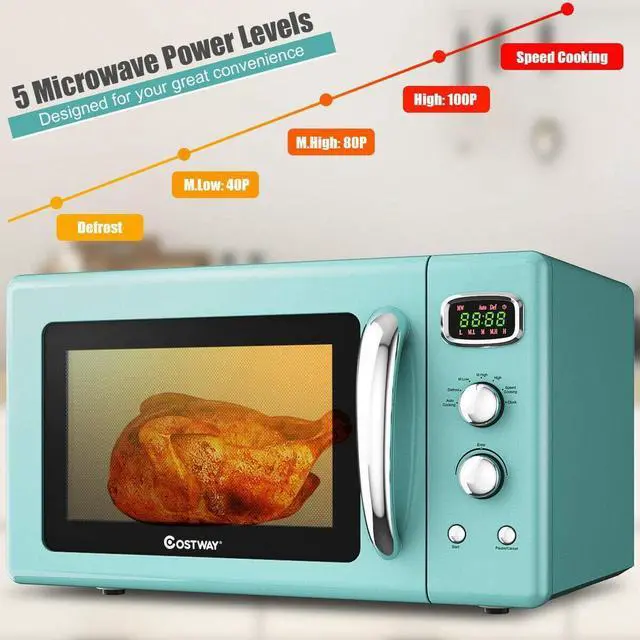 Alt view image 3 of 7 - COSTWAY Retro Countertop Microwave Oven, 0.9Cu.ft, 900W Microwave Oven, with 5 Micro Power, Defrost & Auto Cooking Function, LED Display, Glass Turntable and Viewing Window, Child Lock