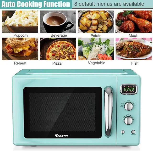 Alt view image 4 of 7 - COSTWAY Retro Countertop Microwave Oven, 0.9Cu.ft, 900W Microwave Oven, with 5 Micro Power, Defrost & Auto Cooking Function, LED Display, Glass Turntable and Viewing Window, Child Lock