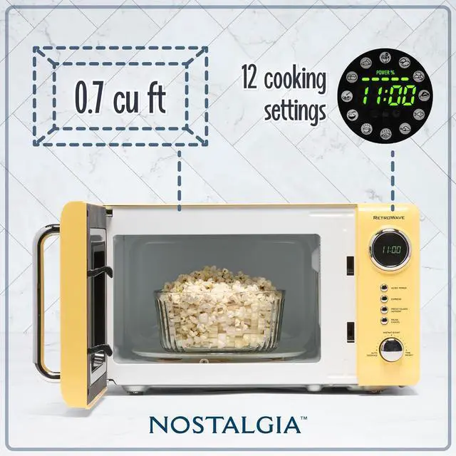 Alt view image 2 of 6 - Nostalgia NRMO7YW6A Retro Compact Countertop Microwave Oven, 0.7 Cu. Ft. 700-Watts with LED Digital Display, Child Lock, Easy Clean Interior, Yellow