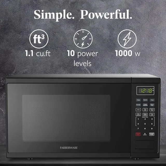 Alt view image 2 of 6 - Farberware 1.1 Cu. Ft. 1000-Watt Microwave Oven Digital Control, 10 Power Levels, One-Touch Cooking, Defrost, Child Safety Lock, Black