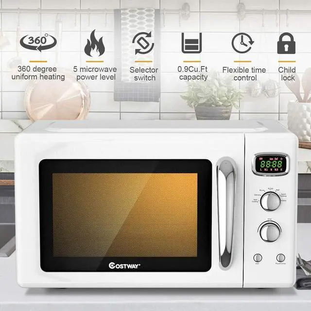 Alt view image 2 of 7 - COSTWAY Retro Countertop Microwave Oven, 0.9Cu.ft, 900W Microwave Oven, with 5 Micro Power, Defrost & Auto Cooking Function, LED Display, Glass Turntable Viewing Window, Child Lock, ETL
