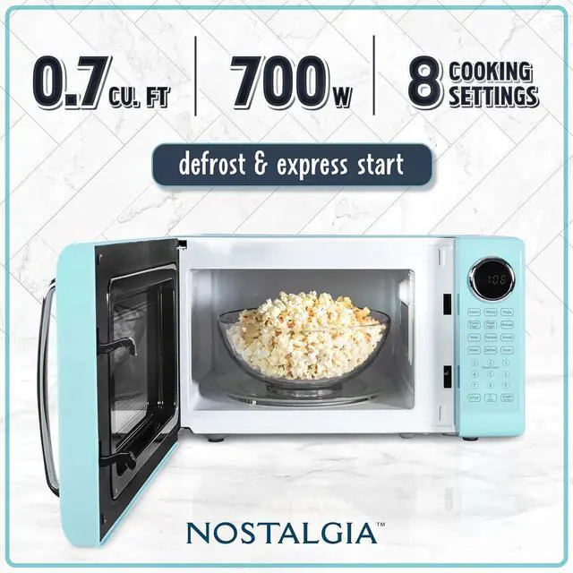 Alt view image 2 of 6 - Nostalgia Retro Microwave Oven 0.7 Cu Ft, 700-Watt Countertop Size with Glass Turntable, Child Safety Lock, 8 Auto-Cook Programs, Digital Clock, Aqua