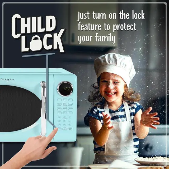 Alt view image 4 of 6 - Nostalgia Retro Microwave Oven 0.7 Cu Ft, 700-Watt Countertop Size with Glass Turntable, Child Safety Lock, 8 Auto-Cook Programs, Digital Clock, Aqua