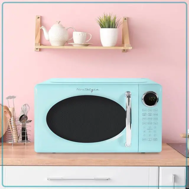 Alt view image 6 of 6 - Nostalgia Retro Microwave Oven 0.7 Cu Ft, 700-Watt Countertop Size with Glass Turntable, Child Safety Lock, 8 Auto-Cook Programs, Digital Clock, Aqua