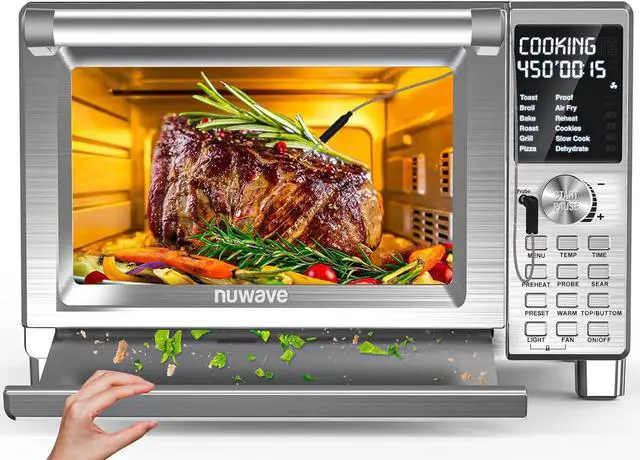 Main image of Nuwave Bravo XL Pro Air Fryer Toaster Oven, Improved 100% Super Convection, Quicker & Crispier Results, 100 Presets, Multi-Layer Even Cooking, 50-500F, Smart Probe, PFAS Free, 30QT, Stainless Steel
