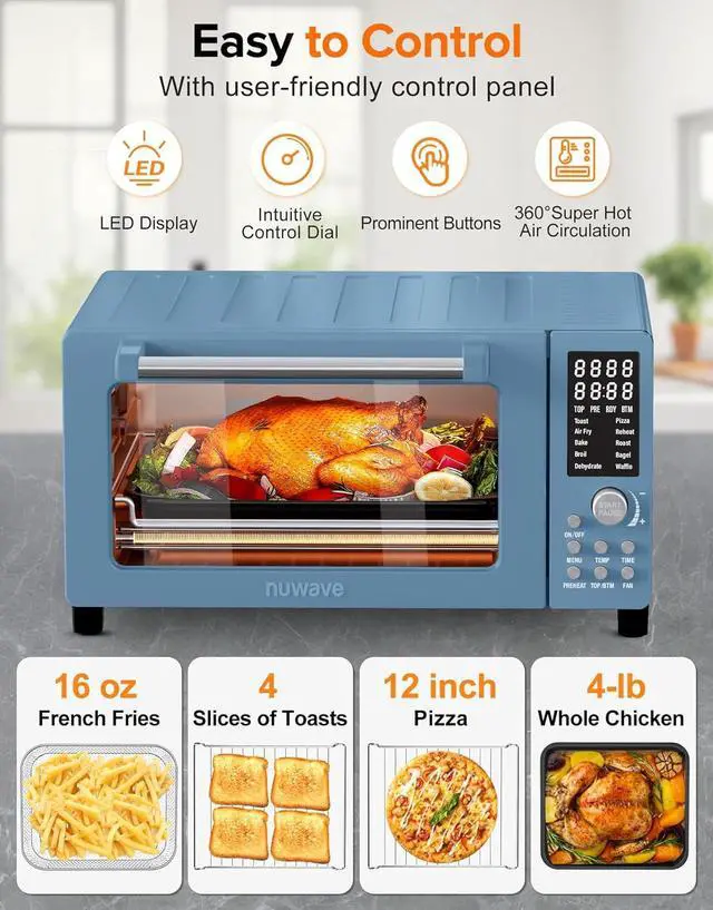 Alt view image 6 of 7 - Nuwave Bravo Pro Smart Air Fryer Toaster Oven Combo, Airfryer Convection Oven Countertop, 10-in-1 Functions with Quicker & Even Crisp Technology, 1800W, 50-450°F, PFAS-Free, 21QT, Cozy Blue