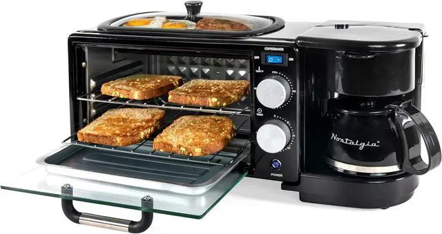 Main image of Nostalgia 3-in-1 Retro Breakfast Station - Includes 5 Cup Coffee Maker, Non-Stick Ceramic Griddle, and 4-Slice Toaster Oven - Built-In Timer, Reusable Coffee Filter, Space-Saving Design - Black