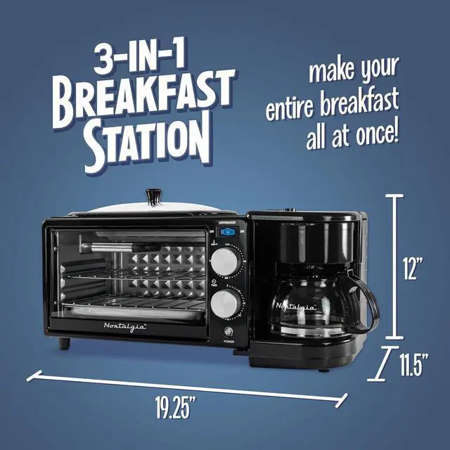 Alt view image 2 of 7 - Nostalgia 3-in-1 Retro Breakfast Station - Includes 5 Cup Coffee Maker, Non-Stick Ceramic Griddle, and 4-Slice Toaster Oven - Built-In Timer, Reusable Coffee Filter, Space-Saving Design - Black