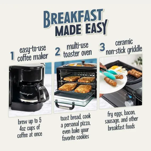 Alt view image 3 of 7 - Nostalgia 3-in-1 Retro Breakfast Station - Includes 5 Cup Coffee Maker, Non-Stick Ceramic Griddle, and 4-Slice Toaster Oven - Built-In Timer, Reusable Coffee Filter, Space-Saving Design - Black