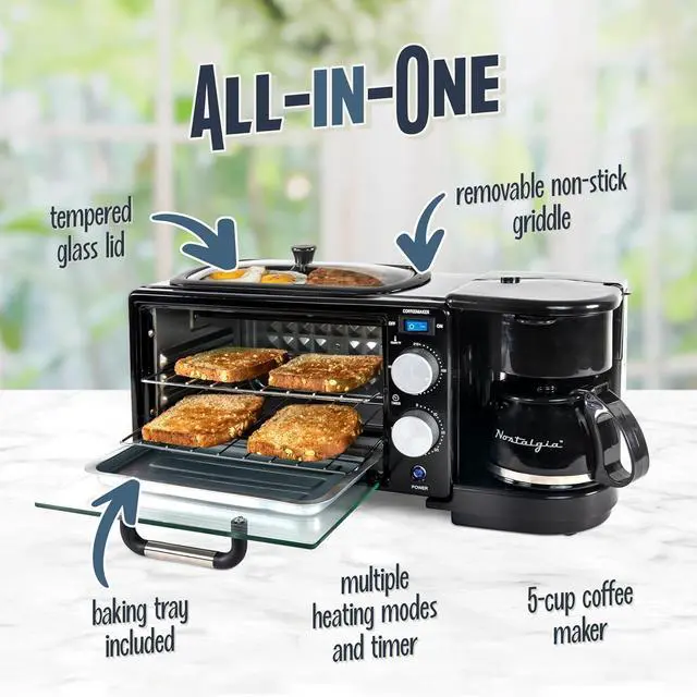 Alt view image 4 of 7 - Nostalgia 3-in-1 Retro Breakfast Station - Includes 5 Cup Coffee Maker, Non-Stick Ceramic Griddle, and 4-Slice Toaster Oven - Built-In Timer, Reusable Coffee Filter, Space-Saving Design - Black