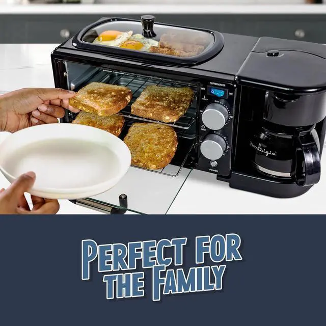 Alt view image 5 of 7 - Nostalgia 3-in-1 Retro Breakfast Station - Includes 5 Cup Coffee Maker, Non-Stick Ceramic Griddle, and 4-Slice Toaster Oven - Built-In Timer, Reusable Coffee Filter, Space-Saving Design - Black