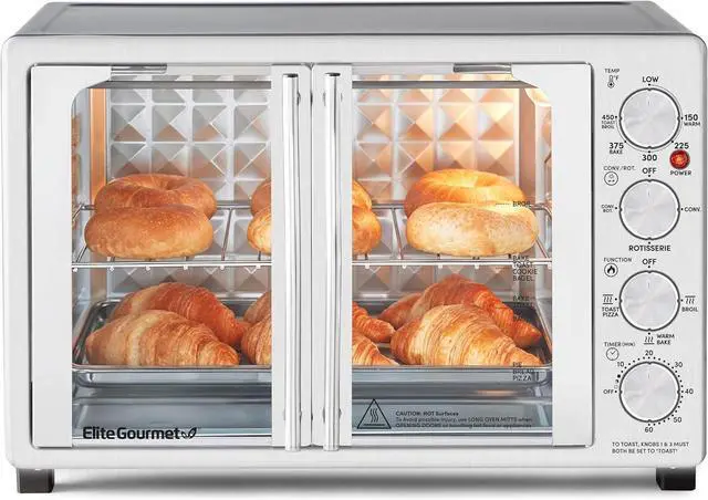 Main image of Elite Gourmet ETO4524 45L Countertop Convection Toaster Oven, French Doors, Adjustable Temperature & Timer, Bake, Roast, Broil, Toast, Includes Baking Pan, Rack, Rotisserie, Stainless Steel