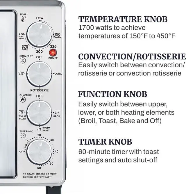 Alt view image 5 of 7 - Elite Gourmet ETO4524 45L Countertop Convection Toaster Oven, French Doors, Adjustable Temperature & Timer, Bake, Roast, Broil, Toast, Includes Baking Pan, Rack, Rotisserie, Stainless Steel