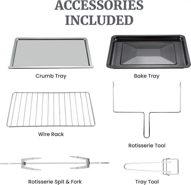 Alt view image 7 of 7 - Elite Gourmet ETO4524 45L Countertop Convection Toaster Oven, French Doors, Adjustable Temperature & Timer, Bake, Roast, Broil, Toast, Includes Baking Pan, Rack, Rotisserie, Stainless Steel
