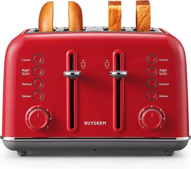 Main image of BUYDEEM DT640 4-Slice Toaster, Extra Wide Slots, Retro Stainless Steel with High Lift Lever, Bagel and Muffin Function, Removal Crumb Tray, 7-Shade Settings,Red