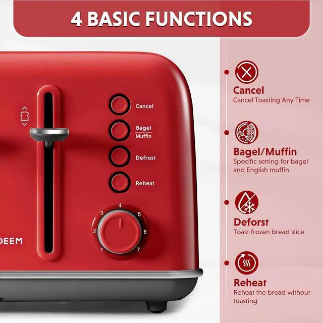 Alt view image 2 of 7 - BUYDEEM DT640 4-Slice Toaster, Extra Wide Slots, Retro Stainless Steel with High Lift Lever, Bagel and Muffin Function, Removal Crumb Tray, 7-Shade Settings,Red