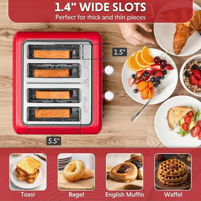 Alt view image 3 of 7 - BUYDEEM DT640 4-Slice Toaster, Extra Wide Slots, Retro Stainless Steel with High Lift Lever, Bagel and Muffin Function, Removal Crumb Tray, 7-Shade Settings,Red