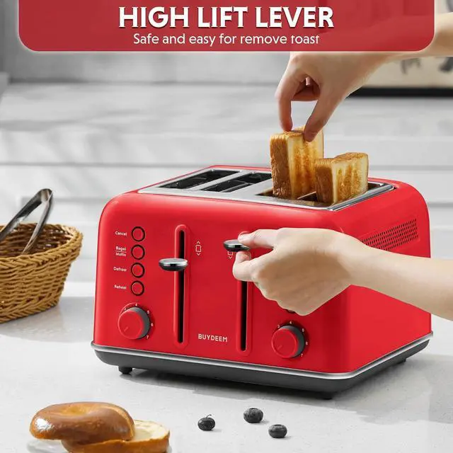Alt view image 4 of 7 - BUYDEEM DT640 4-Slice Toaster, Extra Wide Slots, Retro Stainless Steel with High Lift Lever, Bagel and Muffin Function, Removal Crumb Tray, 7-Shade Settings,Red