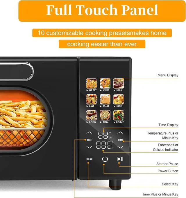 Alt view image 2 of 7 - SEEDEEM 10-in-1 Air Convection Toaster Oven, 15L Convection Toaster Oven Cooker with Color LCD Display and Touch Screen, Toaster, Air Fryer, Dehydrate, 4 Accessories Included, 1800W, Black