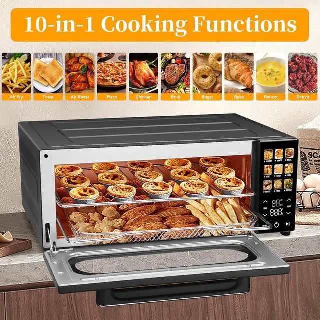 Alt view image 4 of 7 - SEEDEEM 10-in-1 Air Convection Toaster Oven, 15L Convection Toaster Oven Cooker with Color LCD Display and Touch Screen, Toaster, Air Fryer, Dehydrate, 4 Accessories Included, 1800W, Black
