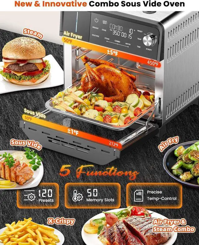 Alt view image 3 of 7 - Nuwave Combi Steam Oven, 16Qt All-in-One Stainless Steel Multi-Cooker: Air Fry, Toast, Steam, Sous Vide & More, Precise 50-450°F, Adjustable Moisture, 120 Presets, Programmable Memories, Easy to Clean