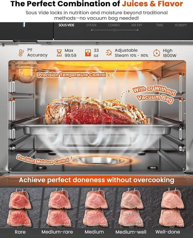 Alt view image 5 of 7 - Nuwave Combi Steam Oven, 16Qt All-in-One Stainless Steel Multi-Cooker: Air Fry, Toast, Steam, Sous Vide & More, Precise 50-450°F, Adjustable Moisture, 120 Presets, Programmable Memories, Easy to Clean