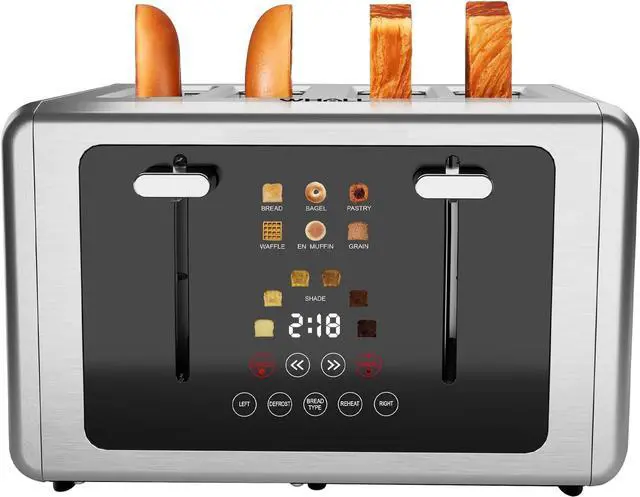 Main image of whall 4 Slice Touch Screen Toaster, Stainless Steel Toasters Digital Timer, Dual Control Panel Toasters6 Shade Settings6 Bread Types, Smart Wide Slots, Bagel, Cancel, Defrost,Silver