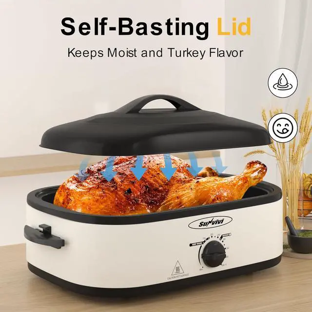 Alt view image 2 of 7 - Sunvivi Electric Roaster Oven with Self-Basting Lid, 14-Quart Turkey Roaster Oven with Removable Pan and Rack, Stainless Steel, White