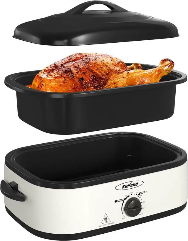 Main image of Sunvivi Electric Roaster Oven with Self-Basting Lid, 14-Quart Turkey Roaster Oven with Removable Pan and Rack, Stainless Steel, White