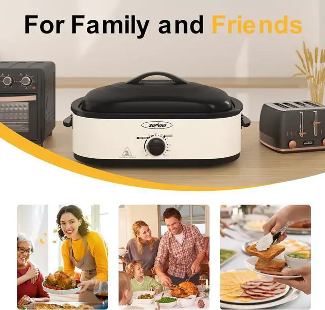 Alt view image 7 of 7 - Sunvivi Electric Roaster Oven with Self-Basting Lid, 14-Quart Turkey Roaster Oven with Removable Pan and Rack, Stainless Steel, White