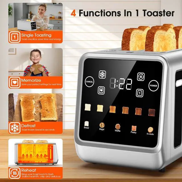 Alt view image 3 of 6 - 4-Slice Smart Toaster with Touch Screen | 1400W Fast Even Toast & Stainless Steel | 2x1.5" Extra-Wide Slots for Bagels | Memory Function, 6 Shade Settings