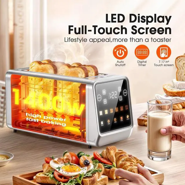 Alt view image 2 of 6 - 4-Slice Smart Toaster with Touch Screen | 1400W Fast Even Toast & Stainless Steel | 2x1.5" Extra-Wide Slots for Bagels | Memory Function, 6 Shade Settings